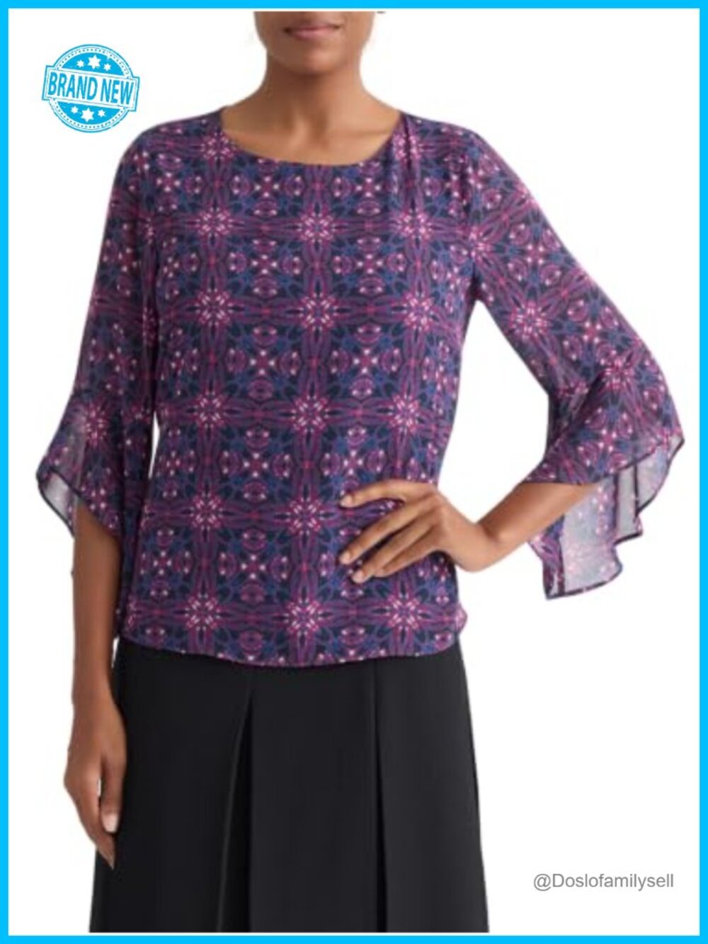 Kasper Ruffle Chiffon 3/4 Sleeve Blouse Polyester Women's Top
